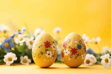 Fototapeta premium Dye handmade floral decorated Easter eggs on plain yellow background.