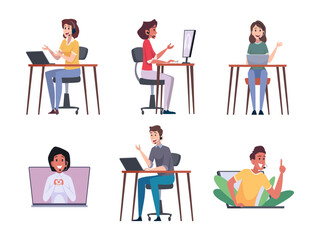 Call center. People in online customer service support working and talking virtual help exact vector cartoon illustrations