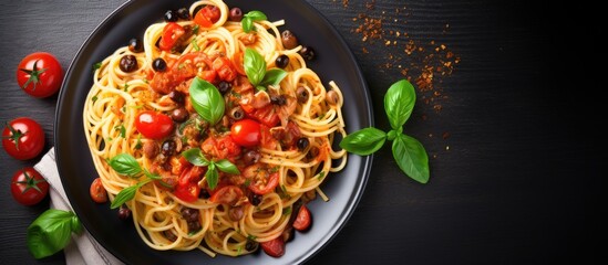 Italian pasta dish with tomatoes, olives, capers, anchovies, and basil, viewed from the top.