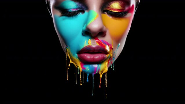 Female face with colourful paint falling down face