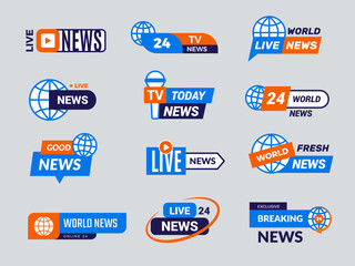 World news logo. Emblems for news tv entertainment recent vector badges set collection with place for text - obrazy, fototapety, plakaty