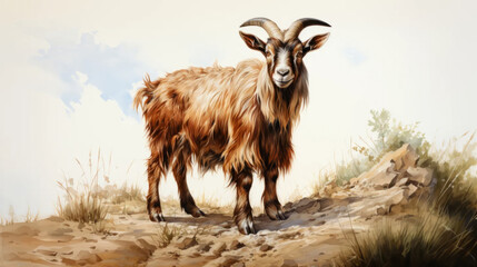 Watercolor illustration of a goat on a light background. Farm animal life