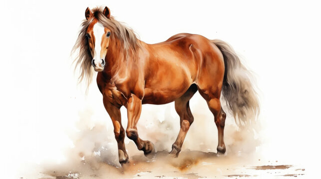 Watercolor illustration of a horse on a light background. Farm animal life