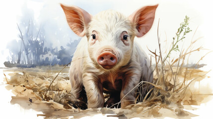 Watercolor illustration of a pig on a light background. Farm animal life