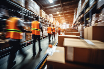 Warehouse interior with shelves, pallets and boxes