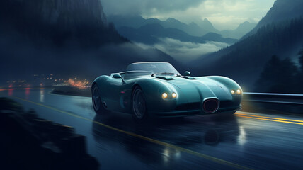 A pearl aqua super-sport car, gliding along a dark, misty mountain pass at twilight