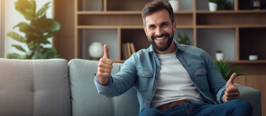 Happy Caucasian man giving thumbs up and showing positive approval while sitting on a couch at home.