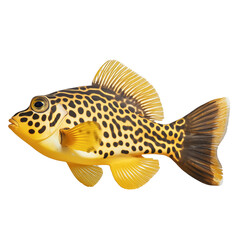 Multicolored aquarium fish on a transparent background, side view. The Boxfish, yellow saltwater aquarium fish, isolated on a white background, a design element for insertion.