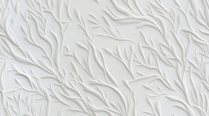  a close up of a white textured wallpaper with a pattern of white branches on the left side of the wall.