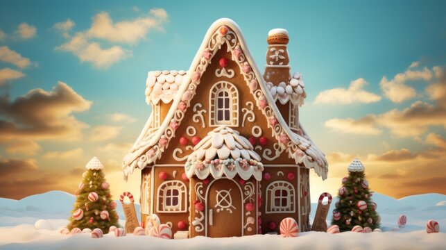  a picture of a gingerbread house in the middle of a winter scene with snow on the ground and trees in the foreground.