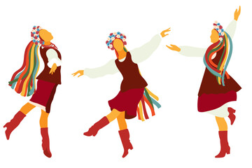Female dancers wearing Ukrainian traditional clothing. Isolated on white background vector illustration.