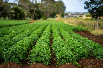 field of a potato crop growing green healthy plants on an agricultural farm in australia - obrazy, fototapety, plakaty