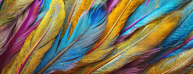 Abstract Colorful Peacock Feathers Close-up. Flamboyant texture background. Panorama with copy space.