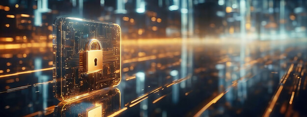 Cybersecurity Concept with Padlock in Digital Space. Futuristic online technology background. Panorama with copy space.