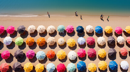 aerial shot of beach full of umbrellas summer vibes