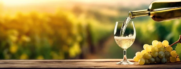 Fotobehang White Wine Tasting in a Vineyard at Sunset. Pouring an alcoholic drink into a glass against sunlit nature background. Panorama with copy space. © vidoc