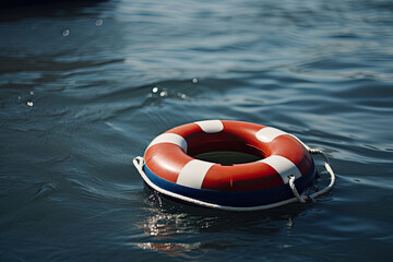 Naklejka premium Red lifebuoy in a blue sea, a symbol of safety and rescue, providing hope and security.