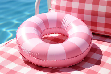 summer background with pink float in swimming pool with sunshine