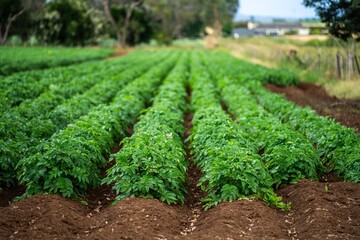 field of a potato crop growing green healthy plants on an agricultural farm in australia