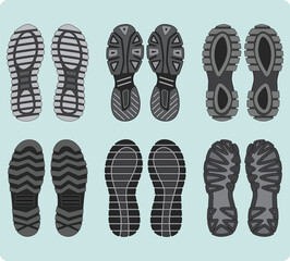 Shoe sole design pattern vector for footwear, Sneaker, Boots, sandals, chukkas, sliders, slippers and flip flop. Shoe mould footprint silhouettes for running shoe, hiking boots and tracking shoes.