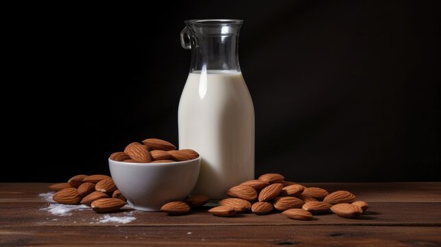 A glass of almond milk and almond seeds on a dark background. The concept of healthy drinks. An alternative, replacement of cow's milk.
