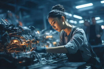 A woman is working on an engine component - obrazy, fototapety, plakaty