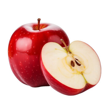 fresh organic red apple cut in half sliced with leaves isolated on white background with clipping path