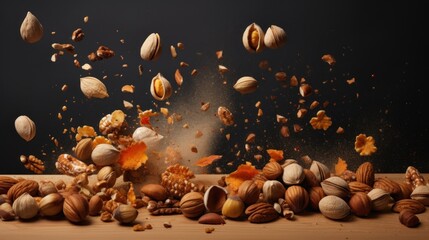 Fototapeta na wymiar a pile of nuts and nutshells falling into a pile on a wooden table against a black background with space for text.