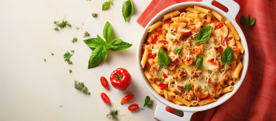 Chicken pasta bake with vegetables and cheese in baking dish on table, top view.