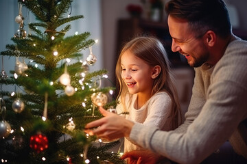 Young father and daughter waiting for Christmas and New Year