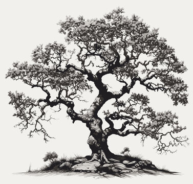 Oak vintage engraving. Knobby old tree retro drawn, elm ecthing vector illustration