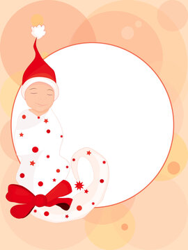 Illustrated Christmas greeting card with blank white space for text or image and sleeping baby at the left side