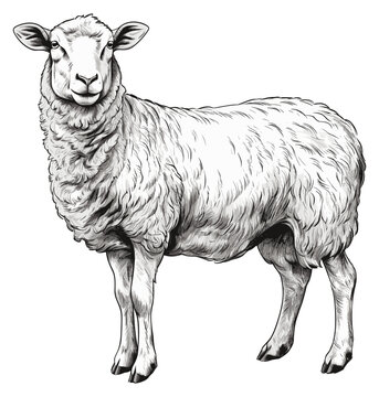 Sheep sketch. Mutton animal etching isolated on white background, wooly cattle vintage style artwork vector illustration