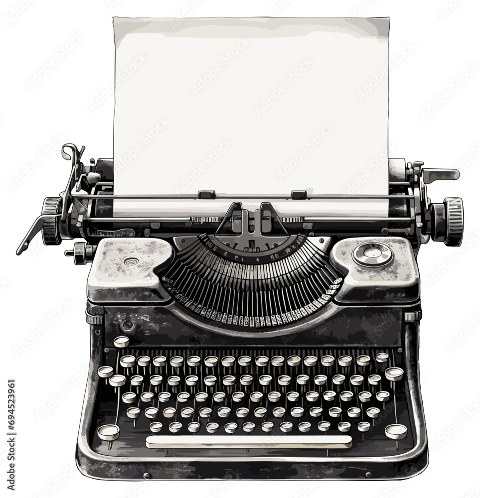 Fototapete vintage typewriter with blank paper sheet sketch. ancient technical messages printing writer machine