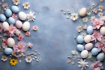 Natural colorant painted eggs on concrete table with leaves, happy Easter celebration concept, top view, copy space for text