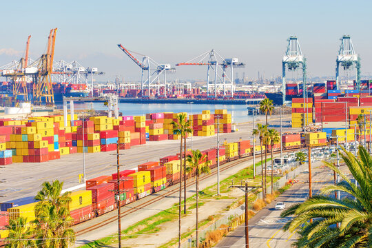 Los Angeles, California - December 18, 2022: Cranes and Containers in the Port of Los Angeles