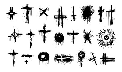 Black grunge elements, brush crosses, spots and signs. Decorative dirty collection, punk rock, heavy metal decor vector clipart