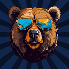 Cartoon bear hipster portrait. Wild bear wear sunglasses background. Brave forest animal, rock style star abstract characters vector poster