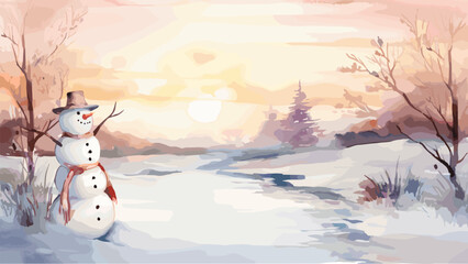 Early spring landscape with melting snowman on snowy meadow. Morning or evening frozen time, good bye winter, vector watercolor style background - obrazy, fototapety, plakaty