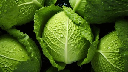 Fototapeta premium a group of green lettuce with drops of water on the tops of them and on top of each other.