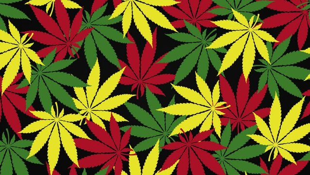 Cannabis leaves rasta flag colors red yellow green cartoon animated black background. Marijuana leaf illustration design template animation.