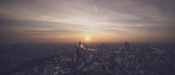 Top view, panorama cityscape of Bangkok, bad weather above city is full of dust that is harmful to...