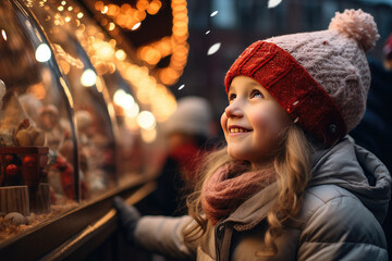 Children window shopping on traditional Christmas market - obrazy, fototapety, plakaty