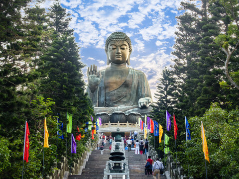 Hong Kong - October 30, 2014 : Tian Tan Buddha Statue Po Lin Monastery, Lantau Island, Ngong Ping Village, scenery on heaven Big buddha, religion sacred landmark of tourists and buddhists tourism.