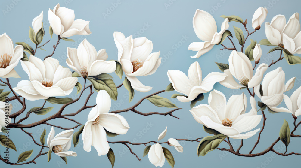 Wall mural Abstract light blue background with beautiful white magnolia flower as wallpaper illustration