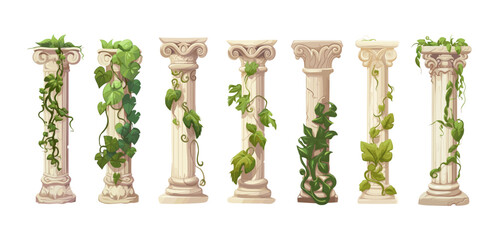 White classic columns, romanian greek anciens column with green plants. Stone old architecture cartoon elements, isolated vector set - obrazy, fototapety, plakaty