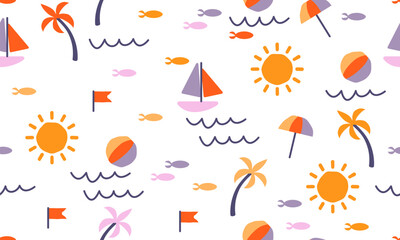 Seamless pattern with sun, beach ball, beach umbrella, fish, sea yacht, palm tree. Summer background for your design