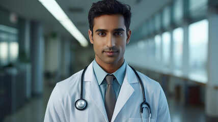 Portrait of confident male doctor with stethoscope on neck. Medicine and healthcare concept