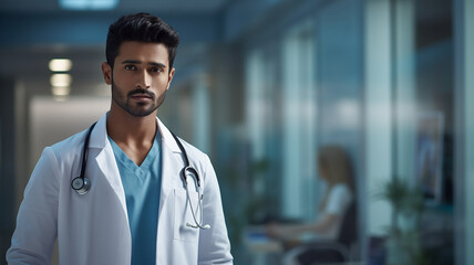 Fototapeta premium Portrait of confident male doctor looking at camera while standing in hospital corridor