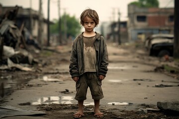 Resilient Little boy standing in poor neighborhood. Sad child living in poverty on messy district. Generate ai